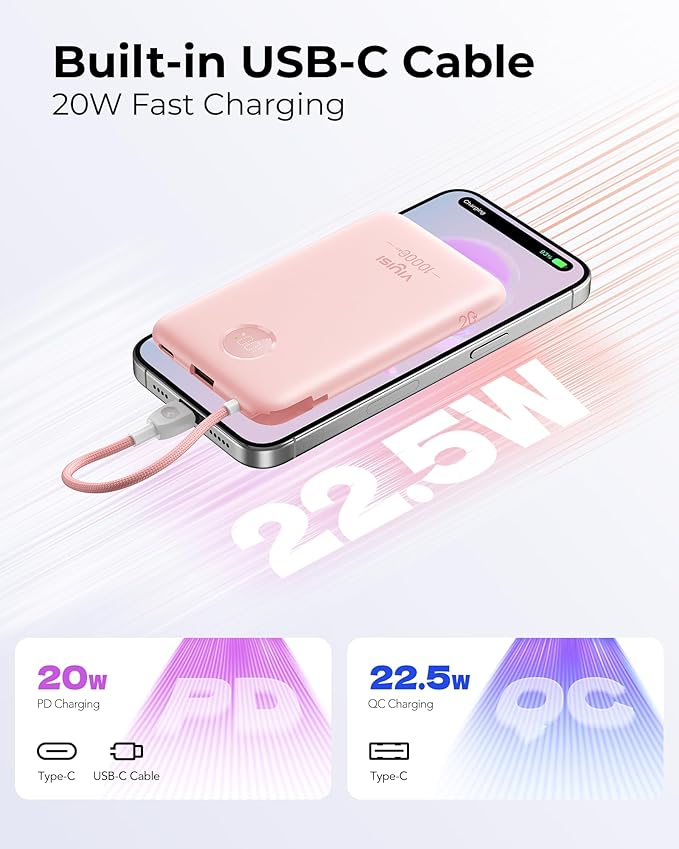 VIYISI Slim Portable Charger Power Bank 10000mAh, PD 20W Fast Charging Compact Battery Pack with Built-in USB C Cable, Travel Essential Compatible with iPhone 17 16 15, Samsung, Android - Pink