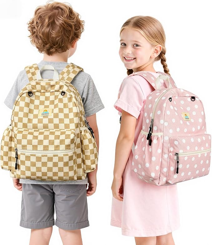 STEAMEDBUN Corduroy Kids Backpack for Girls and Boys 5-8: Girls Backpack for Elementary Kindergarten - 15 inch Cute Backpacks for Kids - Checkered