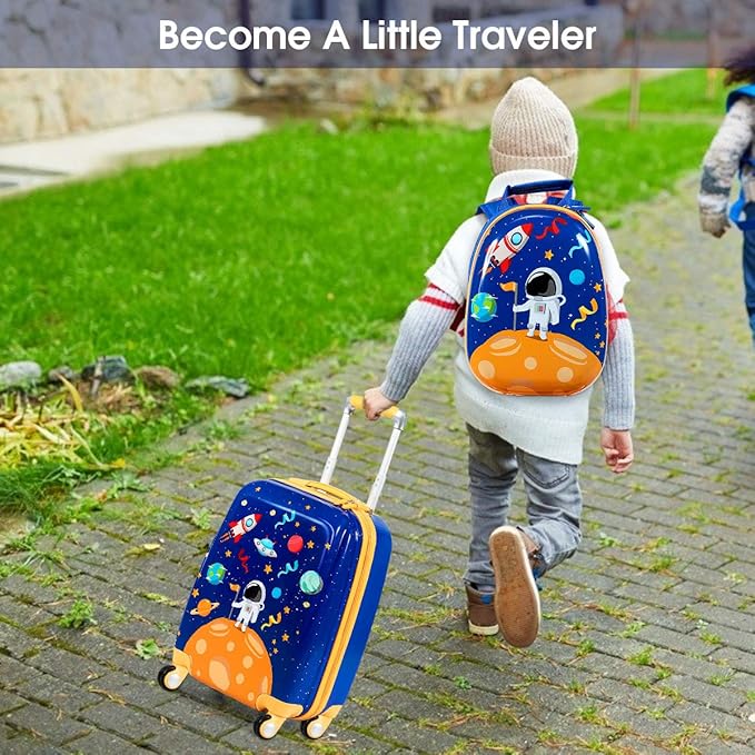 GYMAX 2Pc Kid Carry On Luggage Set, 12" & 18" Kids Suitcase with 4 Spinner Wheels, Travel Rolling Trolley