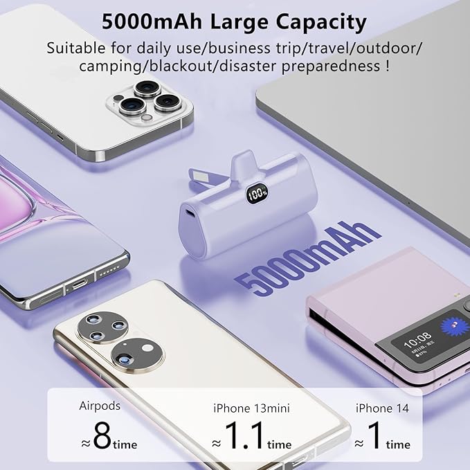 LUCKYDUO Mini Portable Charger for iPhone,5000mAh Ultra Compact Small Power Bank Built-in Phone Holder and LED Light,LCD Display Battery Pack for Travel,Compatible with 14/13/12/11/XR/SE/8/7 Pro Max