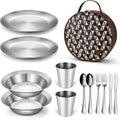 Odoland Stainless Steel Camping Mess Kit for Family & Person, Cooking Tableware Utensils with Plates Bowls Forks Spoons Knives & Savings Bag for Camping, Backpacking, Hiking, Picnic