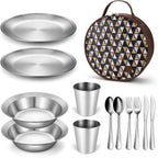 Odoland Stainless Steel Camping Mess Kit for Family & Person, Cooking Tableware Utensils with Plates Bowls Forks Spoons Knives & Savings Bag for Camping, Backpacking, Hiking, Picnic