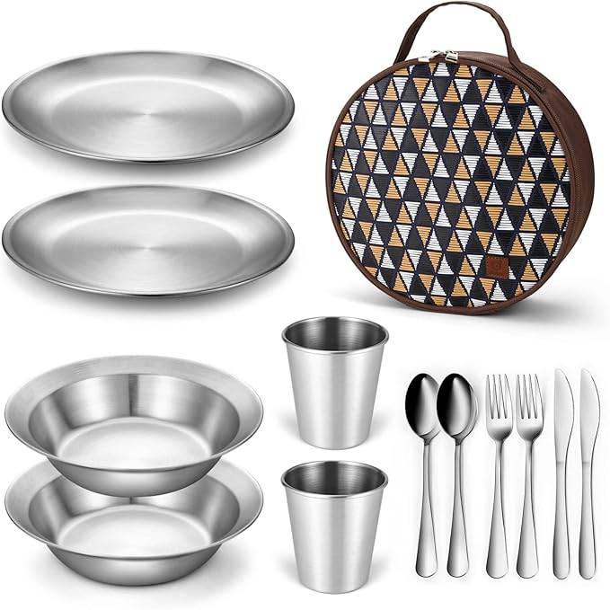 Odoland Stainless Steel Camping Mess Kit for Family & Person, Cooking Tableware Utensils with Plates Bowls Forks Spoons Knives & Savings Bag for Camping, Backpacking, Hiking, Picnic
