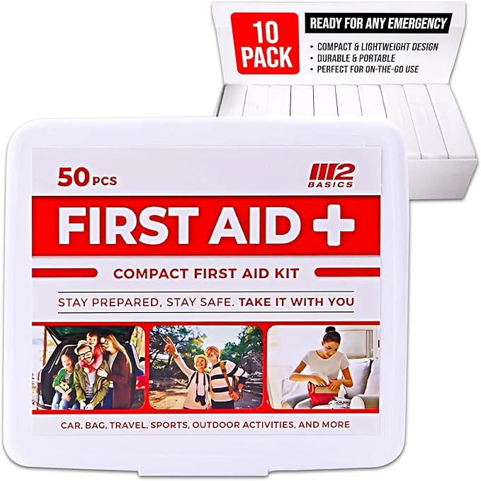 M2 BASICS Mini First Aid Kit Bulk Multi Pack, 10 Pack, 50 per Kit, 500 Total Pieces for Car, Travel, Home & Donations