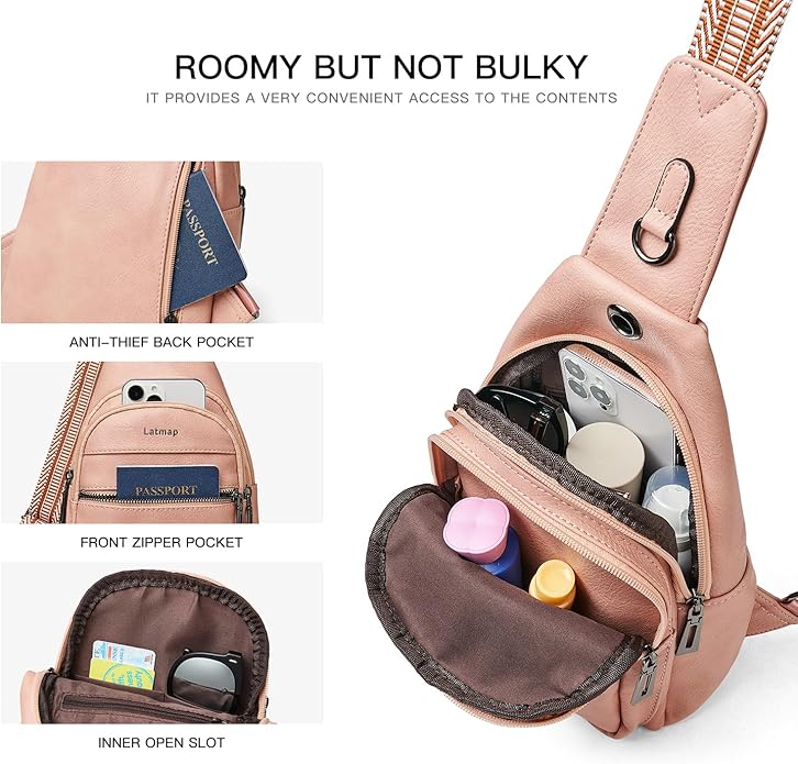 LATMAP Sling Bag For Women Faux Leather Small Casual Daypack Backpack Fanny Pack Crossbody Chest Bags Purse