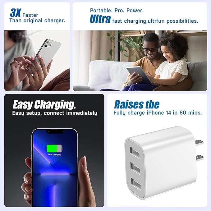 3 USB A Ports Charger Block，YTFCYIKBG Cell Phone wall Chargers，USB Cube wall Plug，for iPhone 14/13/12/11/X/XR/X/8/7/6, Galaxy, Android Phones and More （White）