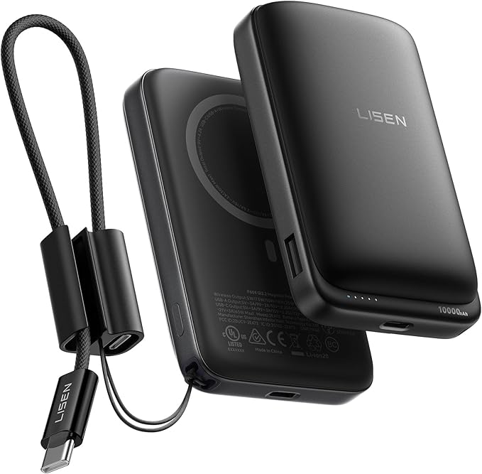 LISEN Qi2.2 25W for Magsafe Power Bank, 65W USB C Fast Charging, 10000mAh Magnetic Wireless Portable Charger with Detachable Cable, Small Battery Pack Compatible with iPhone 15/16/17 (Black)