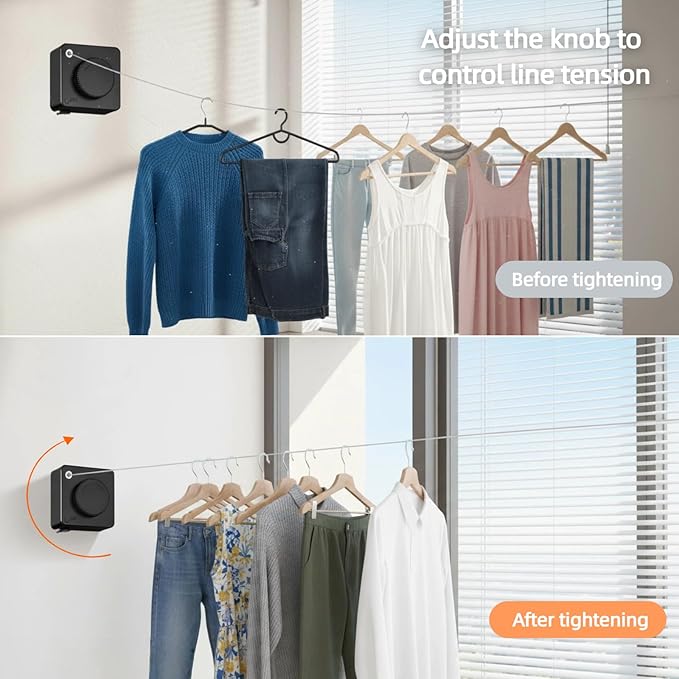 15.7Ft Retractable Clothesline Indoor & Outdoor, Heavy Duty Anti-Sag Wall Mounted Stainless Steel Laundry Drying Line for Balcony, Laundry Room, Bathroom, Motorhome, Dormitory, Travel