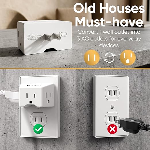 Unidapt 2 Prong to 3 Prong Outlet Adapter, 3 AC Outlet Wall Plug Extender, Polarized Plug for Non-Grounded Outlet in Old House, 1875W/15A, Cruise Essentials, 2 Pack