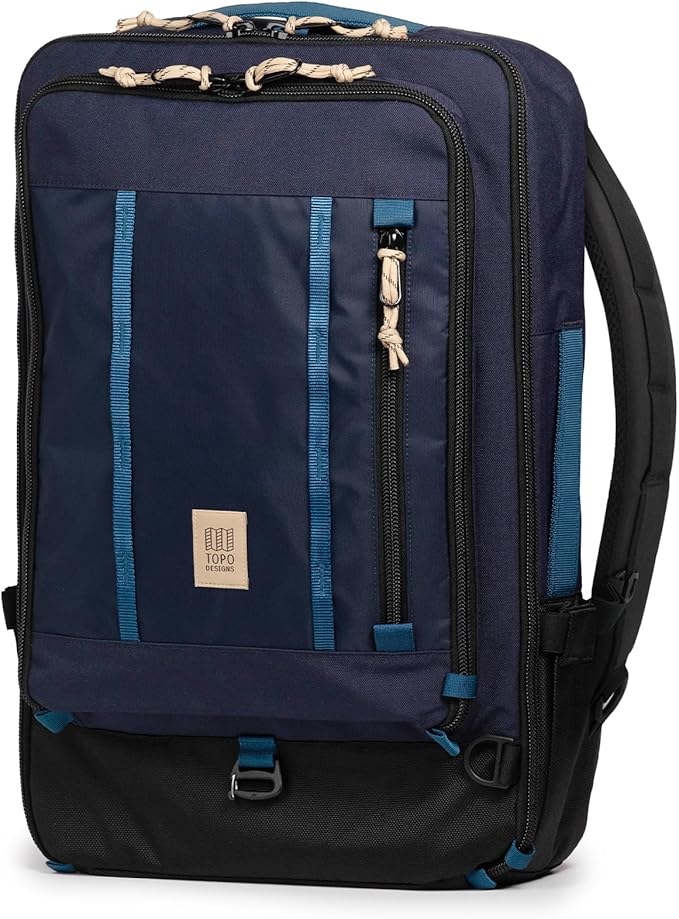 Topo Designs Global Travel Bag – 30L or 40L - Carry-On Compliant Most Airlines, Durable Travel Duffel Bag, Clam Shell Main Pocket, Laptop Sleeve, Backpack, Luggage (40L / Navy/Sahara)