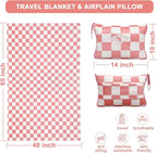 Travel Blanket and Pillow Compact, Premium Soft 2 in 1 Airplane Blanket with Soft Bag Pillowcase，Hand Luggage Sleeve and Backpack Clip (Ckeckered Pink)