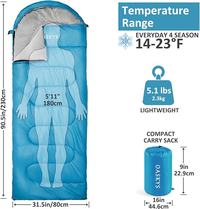oaskys Camping Sleeping Bag - 3 Season Warm & Cool Weather - Summer Spring Fall Lightweight Waterproof for Adults Kids - Camping Gear Equipment, Traveling, and Outdoors