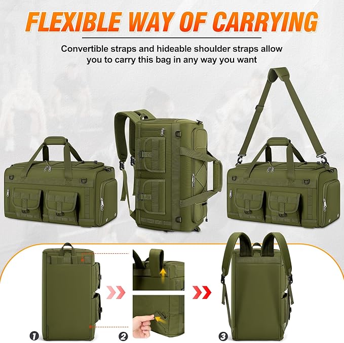RAINSMORE 3 in 1 Gym Bag for Men, 45L Large Sports Duffle Bag with Shoe Compartment and Wet Pocket, Water-Resistant Tactical Backpack Carry On for Travel, Workout & Military Gear, Green