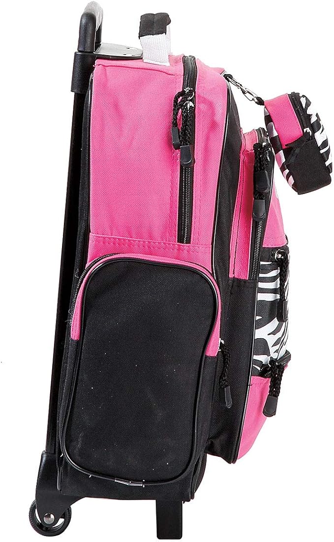 Lillian Vernon Personalized Rolling Luggage for Kids, 5-Pocket Hot Pink & Zebra Print Design Suitcase Set With Clip-On Pouch, Customizable Girls Travel Carrier on Wheels, 5.5" W x 12" L x 18" H