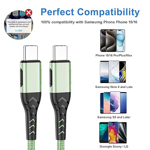 Durcord USB C Cable, Upgarded 2Pack 10ft Fast USB Type C Charging Cable for Android/Phone/Pad/Laptop, Type C Charger Braided USB Cable Compatible withi Phone 16/15/Pro/Plus/Max/Sam.Sung-Green