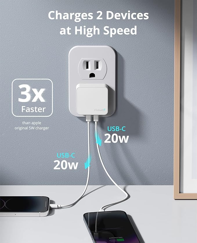 Nekmit Dual Port USB C Wall Charger, 40W PD Fast Charging USB C Wall Plug Adapter, Flat Thin Slim Charger Block for iPhone 17/17 Pro/17 Pro Max, Galaxy, MacBook Air, iPad, AirPods and More