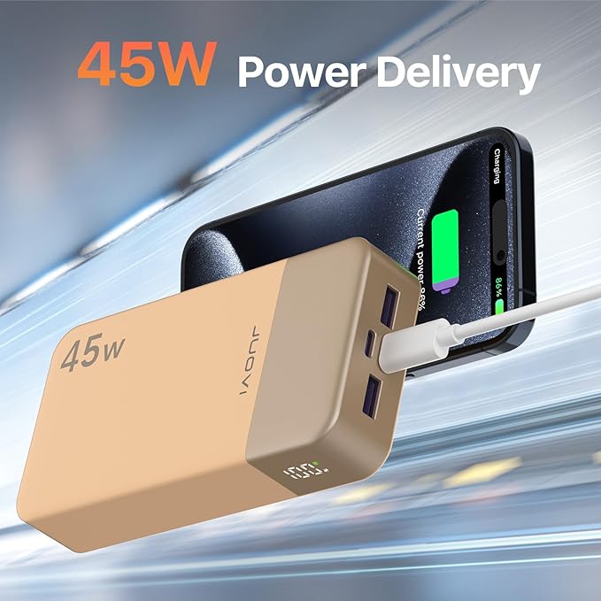 JUOVI J2621 Power Bank Portable Charger 20000mAh 45W, PD3.0 QC 4.0 Fast Charging Battery Pack with LED Display,2 USB-C,2 USB-A for iPhone 15 16, MacBook
