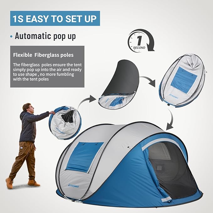 EchoSmile Pop Up Camping Tent, 2/4/6 Person Easy Setup Tent, Water Resistant Dome, Portable with Carry Bag