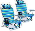 2 Pack Lightweight Portable Camping Beach Chair for Adults, Outdoor Lay Flat Folding Beach Chairs with 5 Positions, Backpack Beach Chair with Towel Bar, Zipper Pouch, Cup Holder, Ocean Striped