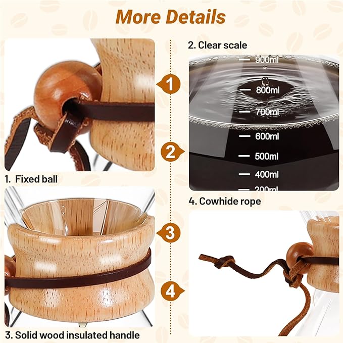 Coffee Pour Over 33.8oz 1000ml High Borosilicate Glass Pour Over Coffee Maker Set Camping with Reusable 304 Stainless Steel Filter Hand Brew Carafe Drip Suitable for Electric Ceramic Stove