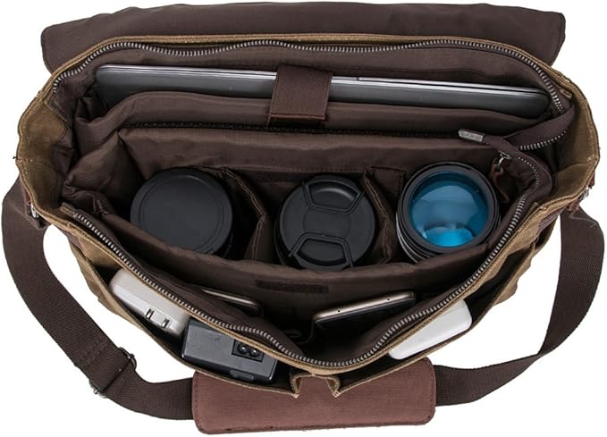 Vintage Genuine Leather Waxed Canvas Briefcase Large Satchel Shoulder Bag Rugged Computer 15.6" Laptop Bag
