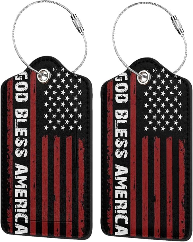 2 Pack Luggage Tags for Suitcases, PU Leather Bag Tag with Privacy Cover Address Card Travel Essentials-God Bless American