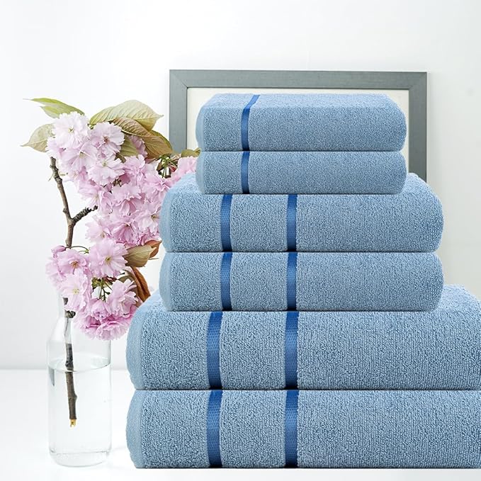 CASA COPENHAGEN Eternal 6Pcs 100% Egyptian Cotton Large Designer Towels Gift Set- Dusty Blue, 500 GSM, 2Bath 2Hand 2Washcloths, Bath Towels for Bathroom Set for Women & Men
