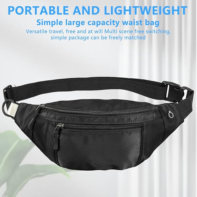 Crossbody Fanny Pack Large Capacity Waist Bag with Hidden Zipper Pockets Adjustable Strap Fanny Packs Waterproof Oxford Cloth Travel Belt Bag for Outdoor Shopping Travel Men Women (Black 60PCS)