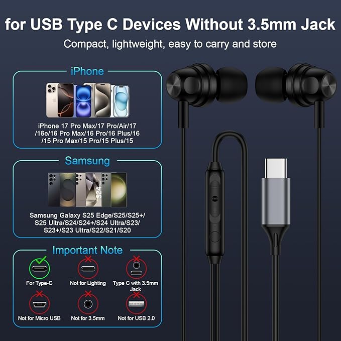 Pixel Wired Earbuds USB C for Google Pixel 10a,10 Pro XL/Fold,10Pro,10,9a,9 Pro XL/Fold,9,8a,8Pro,8,7a,7Pro,7,6a,6,5a,5,4a,4XL,3a,3XL,3,2XL,2,USBC in-Ear Headphones Type C Wired Ear Buds Earphones