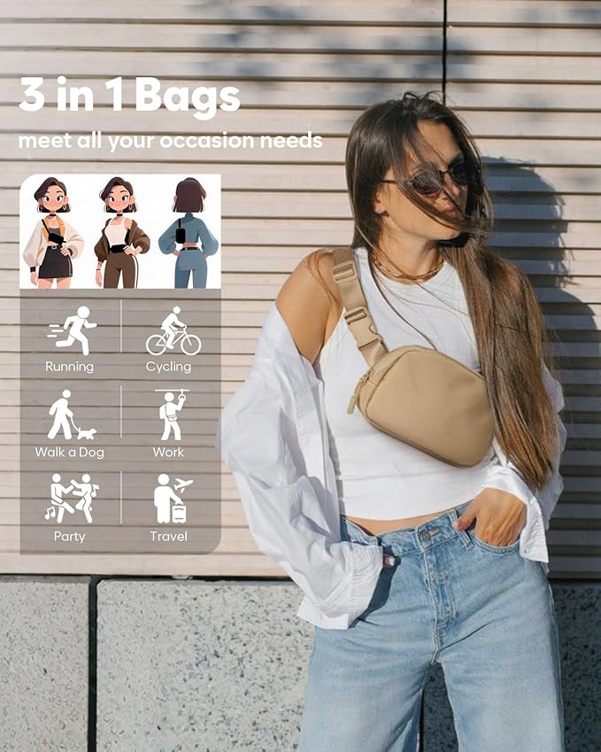 Pritent Fanny Packs for Women Cross Body Bag Waterproof Belt Bag with Adjustable Strap and Zipper Back Pocket Small Crossbody Bags Fashion Waist Packs for Workout Travelling(Khaki, Large)