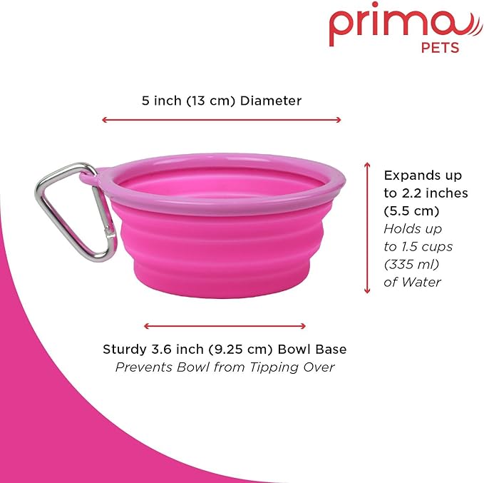Prima Pet Collapsible Silicone Water Travel Bowl with Clip for Dog and Cat, Portable and Durable Pop-up Feeder for Convenient On-The-go Feeding - Size: Small (1.5 Cups) Pink - 2 Pack