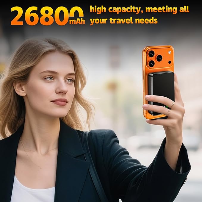 26800mAh Magnetic Power Bank, Mag-Safe Compatible Wireless Portable Charger, Aluminum Alloy, Large Capacity 20W Fast Charging USB-C, Travel Essential, for iPhone 17Air/16/15/14/13/12 Series, Black