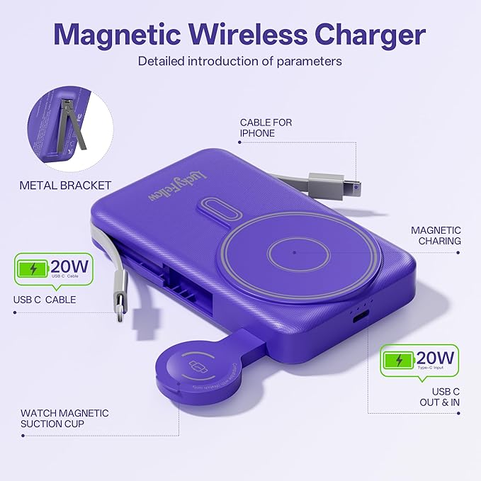 Magnetic Portable Charger Built-in Cables,10000mAh Fast Charging Wireless Charger Station External Battery Pack Slim Pocket Size Power Bank with Stand Compatible with iWatch, iPhone