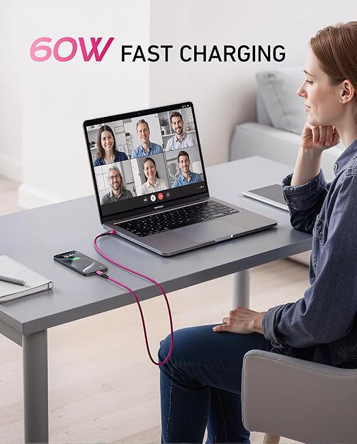 USB C Cable [2Pack 10FT], USB C to USB C Cable for Car Durable Braided iPhone USB Type C Cable Fast Charging 60W USBC to USBC Cord for iPhone 17/16/15/Pro Max, Samsung Galaxy S23 and More-Rose Red