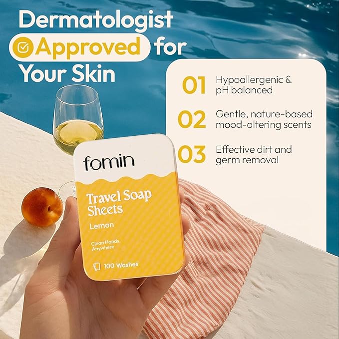 FOMIN - Paper Soap Sheets Tin for Traveling - (300 Sheets) Lemon Portable Travel Hand Soap Sheet, Dissolvable Mini Camping Hand Soap for Hand Washing