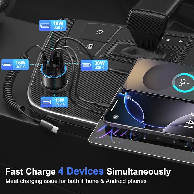 5 Pack Car Charger USB C, 65W Multi Port Dual 12V Cigarette Lighter USB Car Charger Adapter with Voltmeter PD/QC 3.0 Super Fast Charge Car Phone Charger for iPhone 17 16e 15 14 Pro Max Galaxy Android