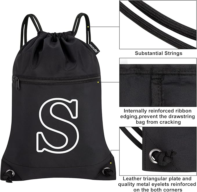 HOLYLUCK Drawstring Bags Initial Backpack Sackpack Cinch Bags for Sports, Gym, Travel, Beach (Black-S)