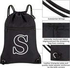 HOLYLUCK Drawstring Bags Initial Backpack Sackpack Cinch Bags for Sports, Gym, Travel, Beach (Black-S)