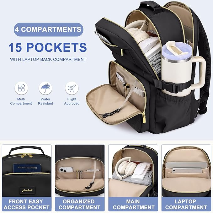 Focdod Laptop Backpack for Women Bookbag: 15.6 inch Work Backpacks with Pouch Pocket for Large Capacity Cup & USB Charger College Book Bag Travel Business Nurse Teacher Bookbags Anti-theft Back Pack