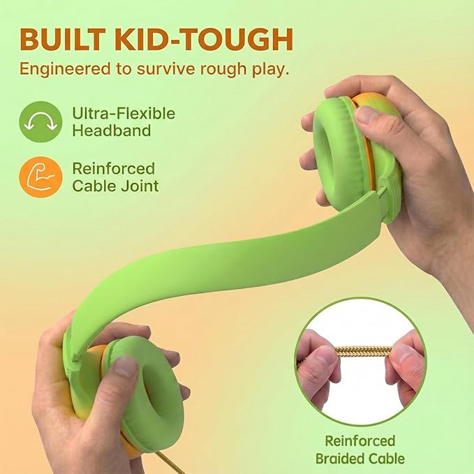 ADOOPE Wired Kids Headphones with USB C Plug, 85dB Safe Volume, Adjustable Headband, Tangle-Free Cord Headphones for School, Tablet, Travel (Lime Green & Orange, Without Microphone)