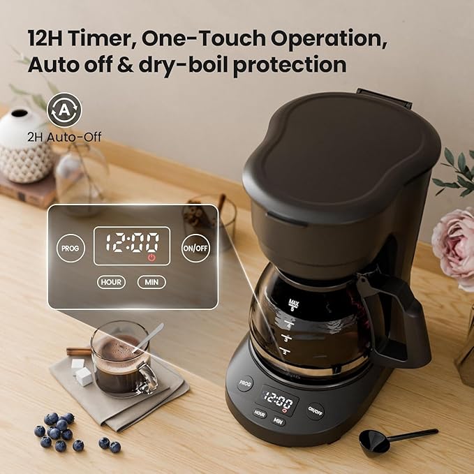 Kismile 5-Cup Drip Coffee Machine with LED Display, Small Coffee Maker with Anti-Drip, Timer, Auto Shut-Off, Dry-Boil Protection, Removable Funnel, Compact, Ideal for Home & Office
