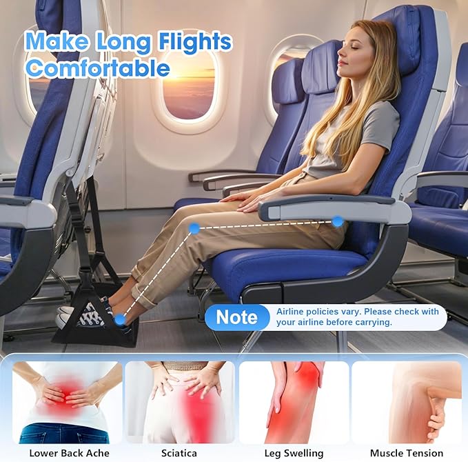 ExploreBliss Airplane Foot Rest - Lightweight Foot Hammock for Plane Travel with Adjustable Strap & Thick Board, Tray Table Under Desk Footrest to Relax Feet, Travel Essentials for Long Flights(Black)