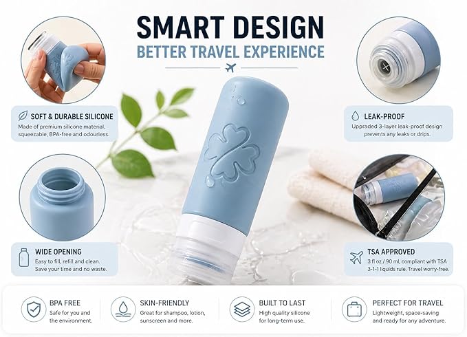 18 Pack TSA Approved Travel Bottles for Toiletries – Leak Proof Silicone Refillable Containers Set with Toiletry Bag, Squeeze Bottles, Spray Bottles & Cream Jars for Shampoo, Conditioner & Lotion
