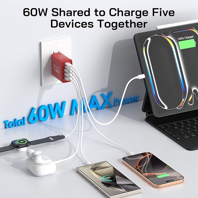 2Pack USB C Fast Charger Block, Total 60W 5-Port USB C Wall Charger 30W Type C Charging Block, 2USB C+3USB A PD 3.0 Multiport Charging Cube for iPhone 17 16 15 14 Pro Max, G-alaxy S26 S25 Ultra, i Pad