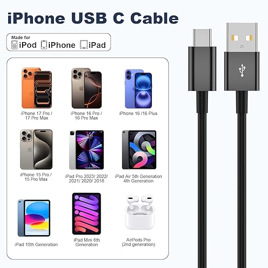 Cveael Car Carplay Cable for iPhone 17 16 15 Pro Max Air 16 15 Plus, 3FT USB A to USB C Cord for iPad 10th Gen Pro Air 5th 4th Mini 6th Gen, Car Charging Cable (Black)