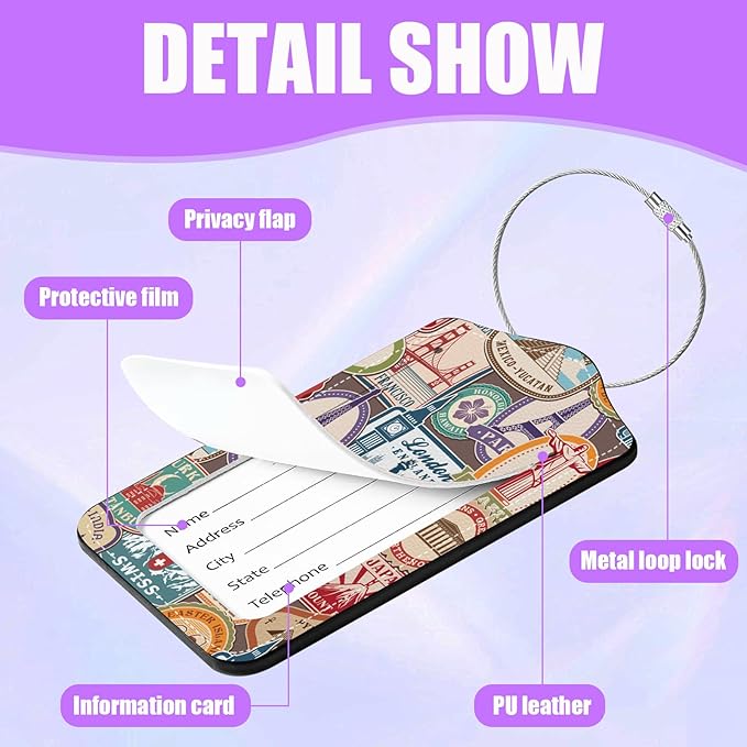 3 Pack Retro Travel Stamp Luggage Tags for Suitcase Travel Stickers PU Leather Luggage Tag Privacy Cover ID Label for Women Men Baggage Backpack Handbag School Bag