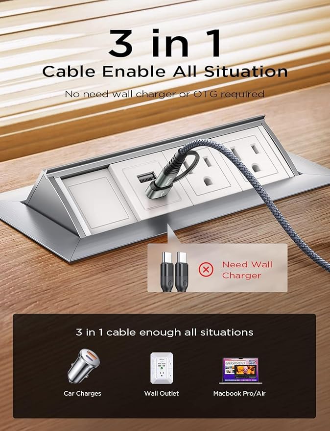 AINOPE 240W Long USB C Cable Multi 4 in 1 Charging Cable Fast Charging C Type Charger Fast Charge USB to USB C,Right Angle Fit iPhone 16 15 Pro Max iPad Samsung 3.3FT Gray