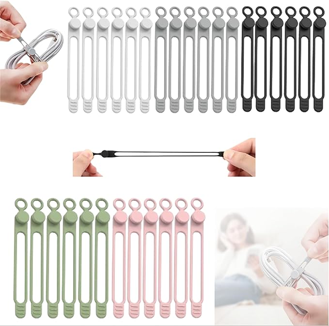 Data Cable Organizer, 2026 Upgrade Silicone Headphone Organizers, Silicone Cable Ties Reusable Cable Management Organizers Multipurpose Elastic Cord Organizer for Bundling and Fastening Cables (5Pcs)