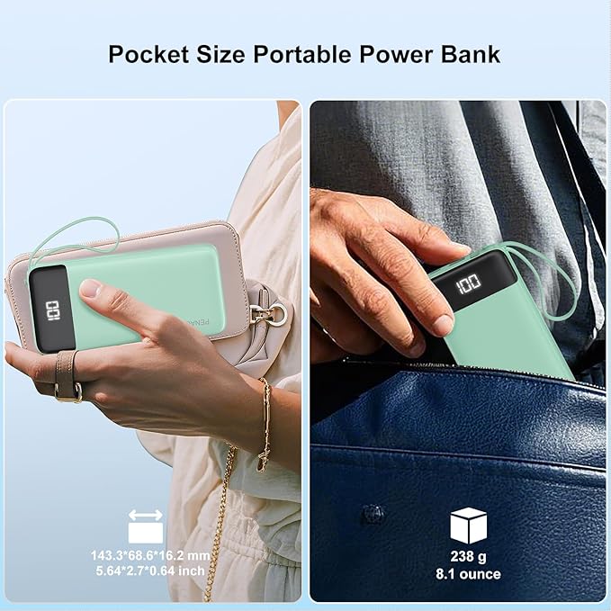 Portable Charger Built-in Cables,10000mAh Power Bank for iPhone,Fast Charge USB C Battery Pack Travel Essentials Slim Lightweight Powerbank Compatible with iPhone 17/16/15/14, Samsung, Android, etc