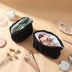 Huhumy 2 Pcs Puffy Makeup Bag Quilted Cosmetic Pouch for Women Cute Checkered Travel Toiletry Bag Puffer Makeup Organizer Purse Pouch Preppy Pencil Case with Zipper(Black)